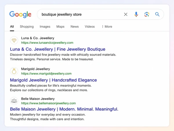 A Google results page where the first of three results is a jewellery boutique website