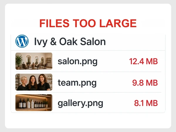 Ivy & Oak Salon's WordPress library lists image files sized 12.4 MB, 9.8 MB, and 8.1 MB.