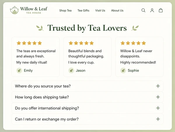 A tea house website section showing three customer reviews above a list of four questions