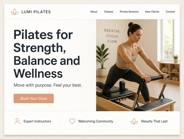 The top of a pilates studio home page with a clear headline, one photograph and one button