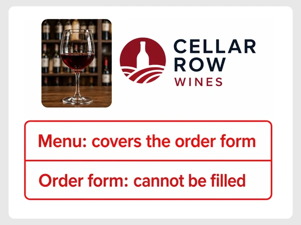 Cellar Row Wines shows its phone menu covering an order form that cannot be completed.