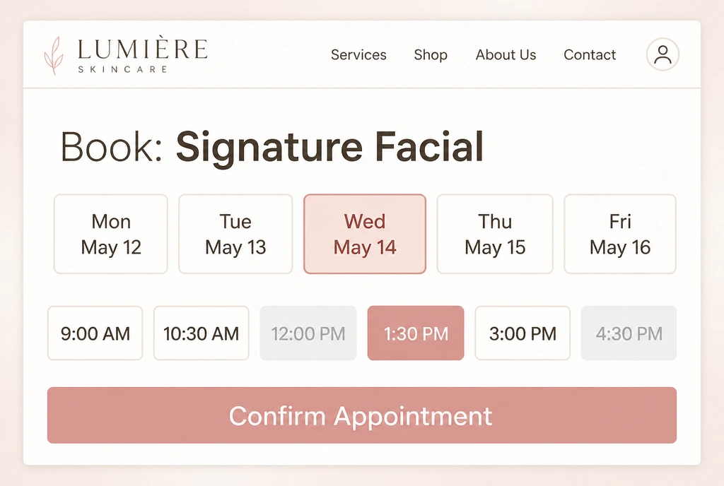 A booking screen on a skincare brand website with days, time slots and a confirm button