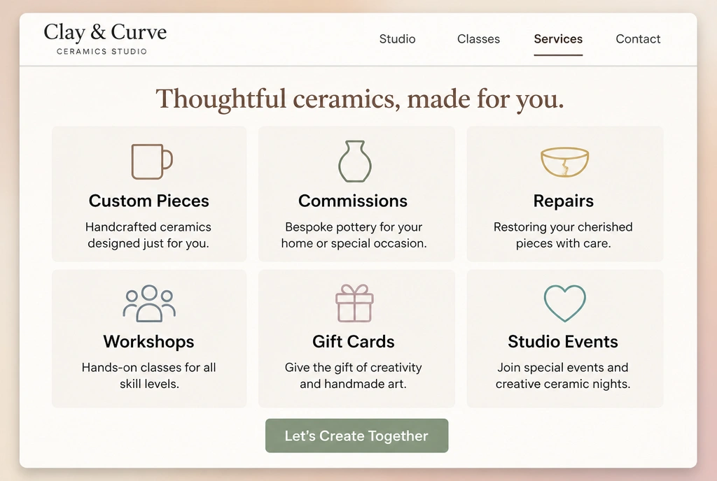 A ceramics studio website services page showing six service cards in a grid