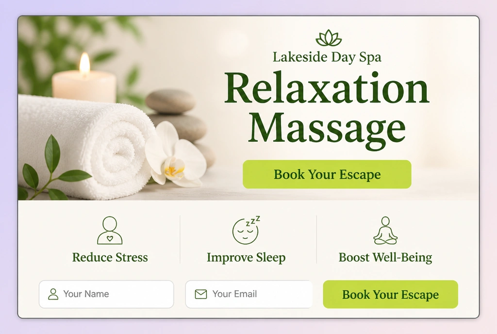 A one page day spa website with one offer, three benefit lines and a single button