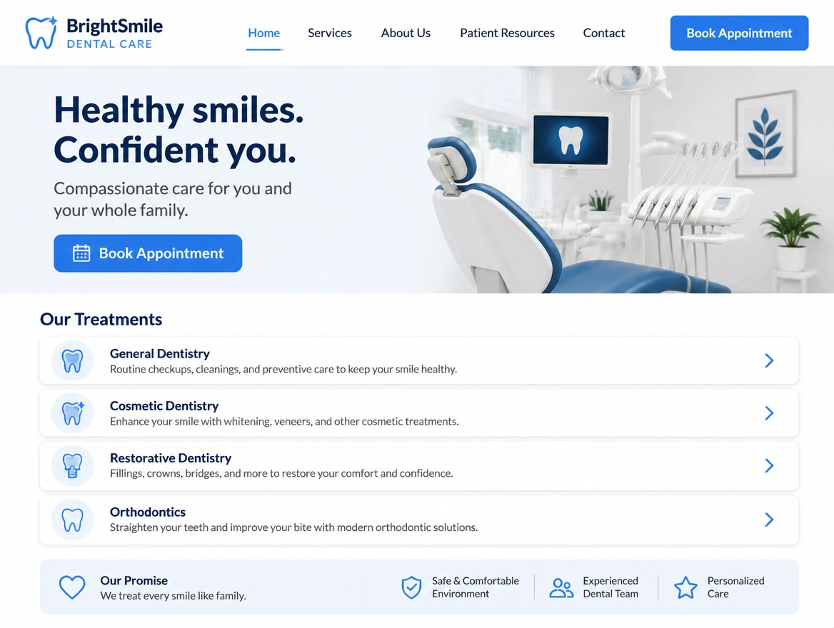 A dental clinic home page with a treatment list and a book appointment button