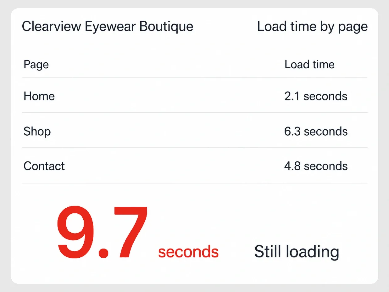 An eyewear boutique page still loading after 9.7 seconds