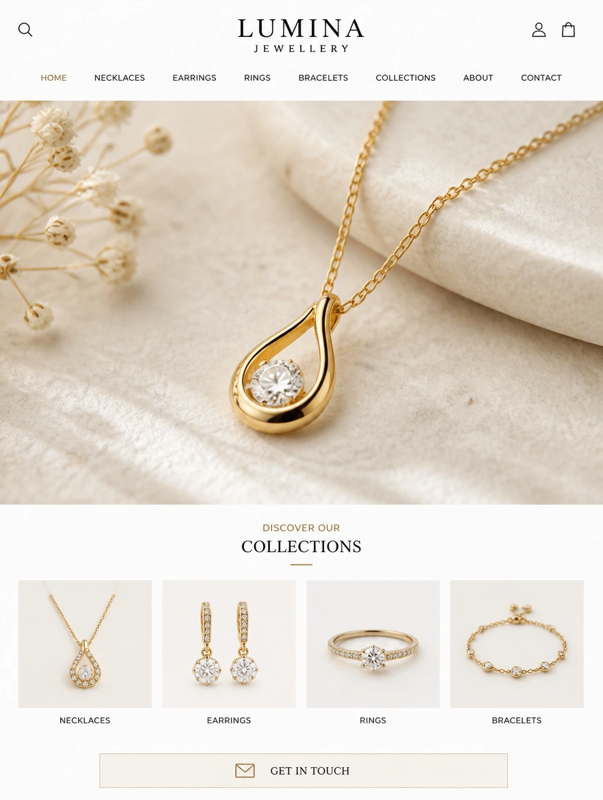 A jewellery shop home page with a collection row and a contact button