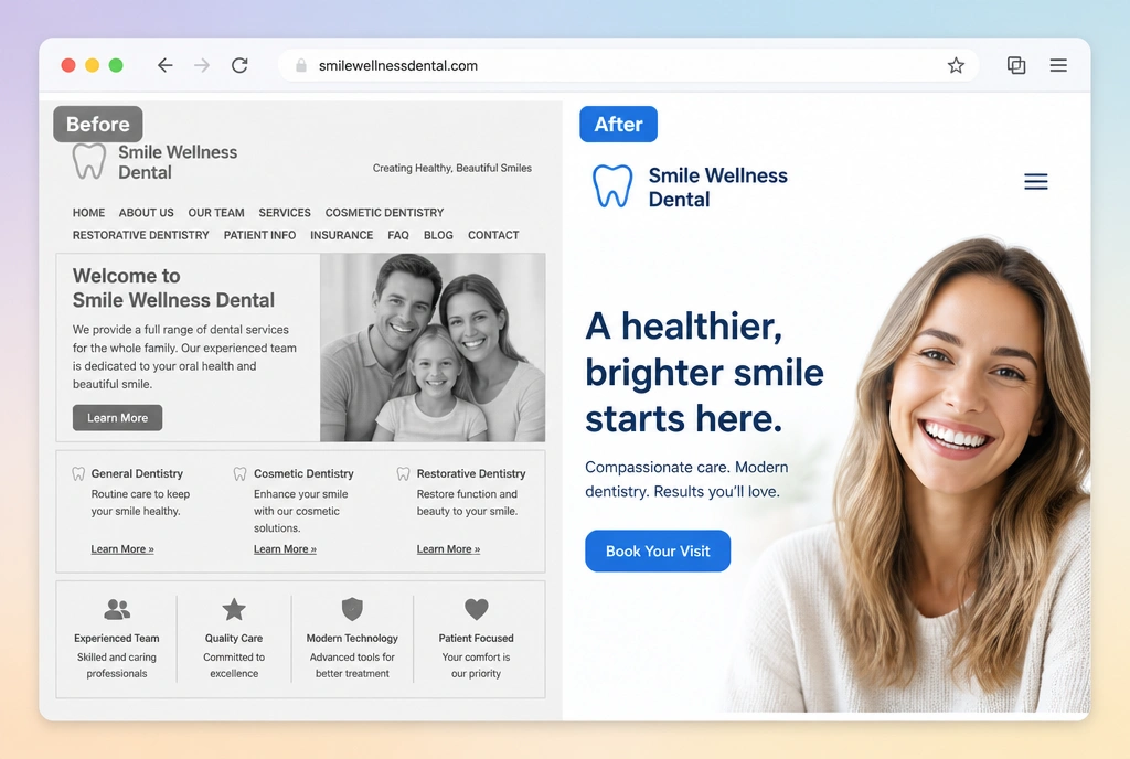 An old dental practice home page beside its rebuilt version, labelled before and after
