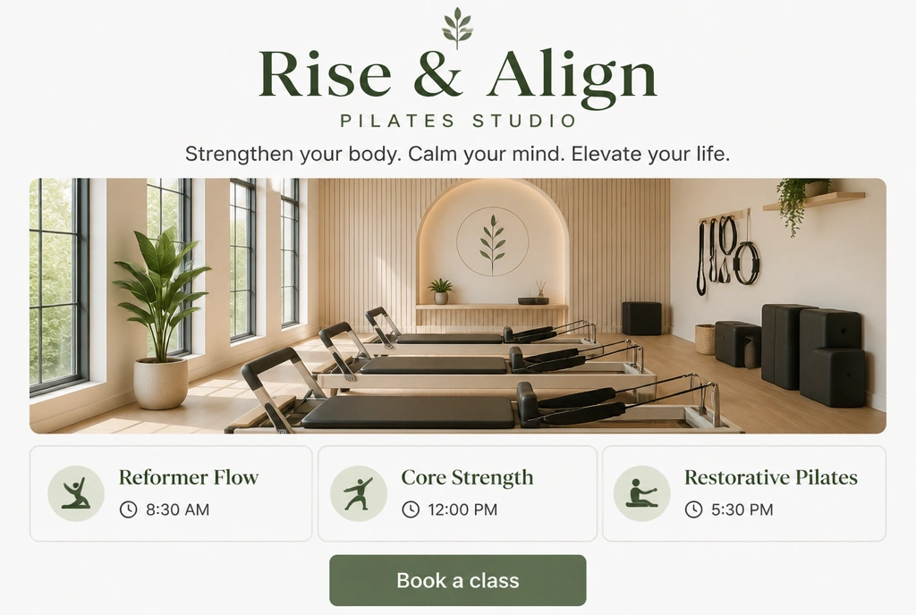 A pilates studio homepage section with three class cards and a book a class button