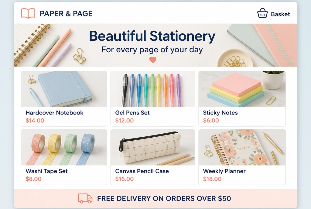 A stationery brand online shop page showing six products with photographs and prices