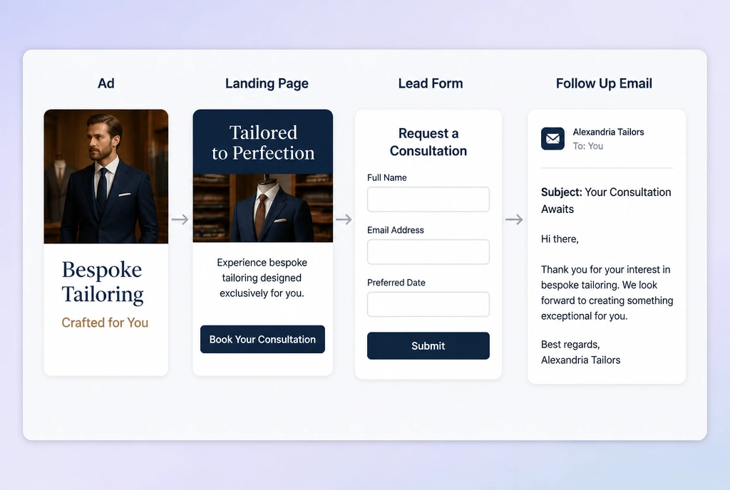A four step bespoke tailor campaign path from advert to page to form to follow up email
