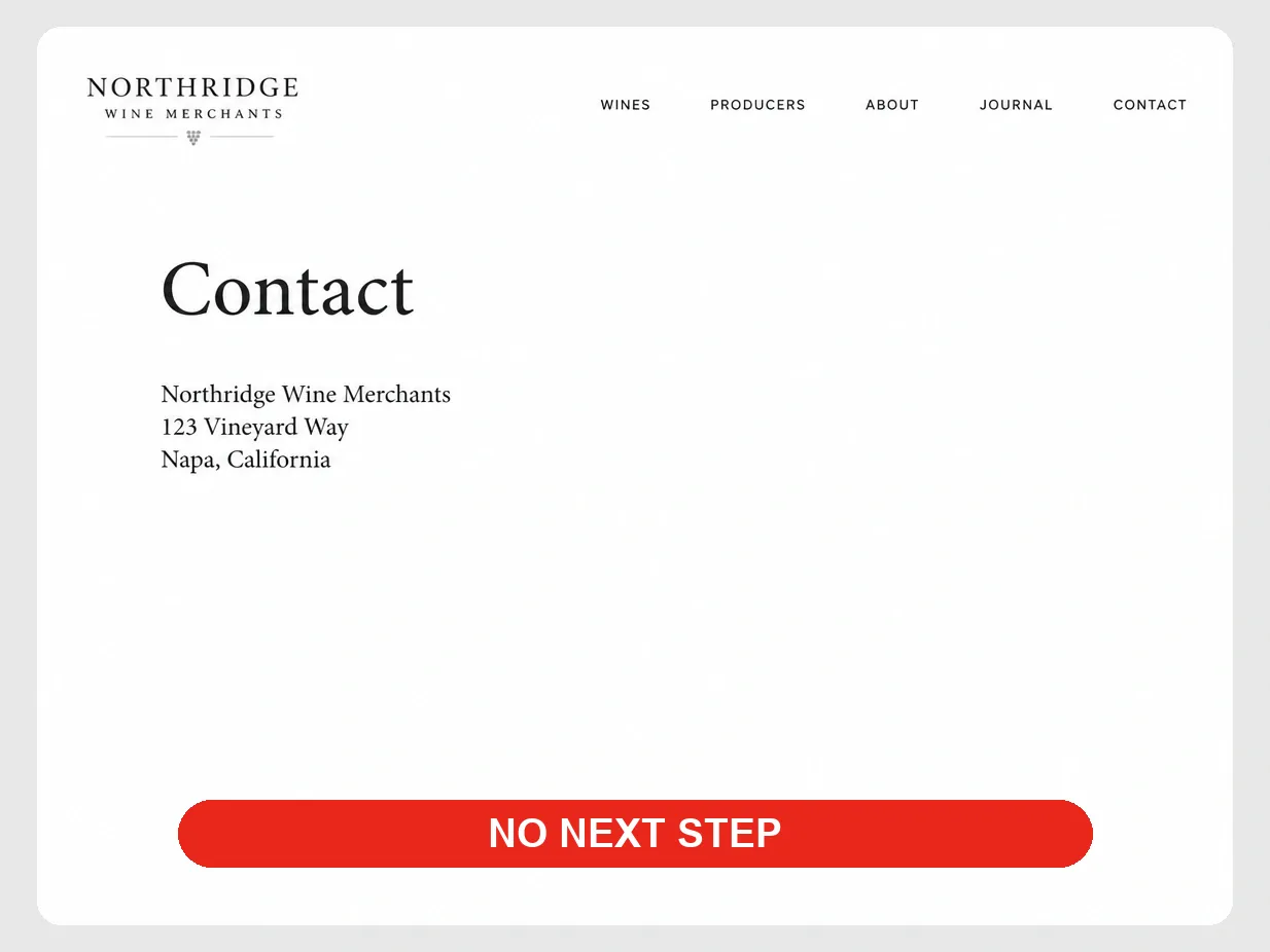 A wine merchant contact section offering only a written address