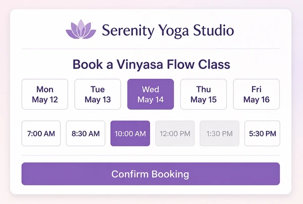 A booking screen on a yoga studio website with days, time slots and a confirm button