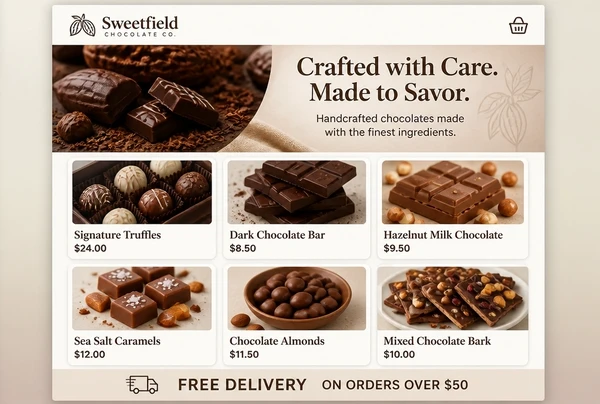 A chocolate maker online shop page showing six products with photographs and prices