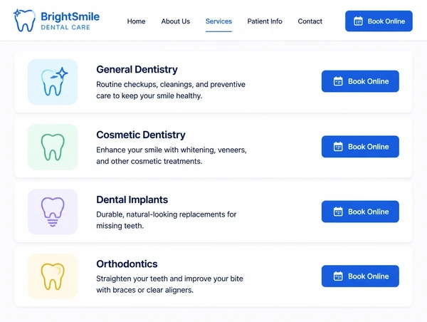 A dental clinic website with a treatment list and an online booking button