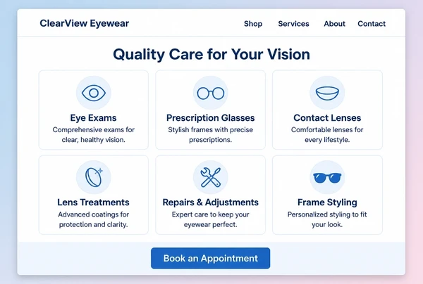 An eyewear brand website services page showing six service cards in a grid