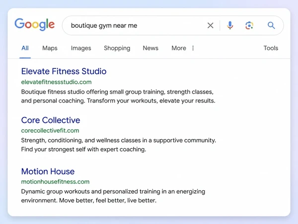A Google results page where the first of three results is a boutique gym website