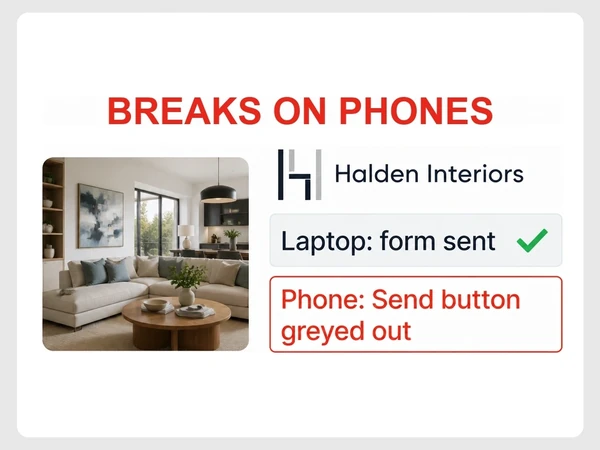 Halden Interiors' form sends on laptop but its Send button is disabled on phones.