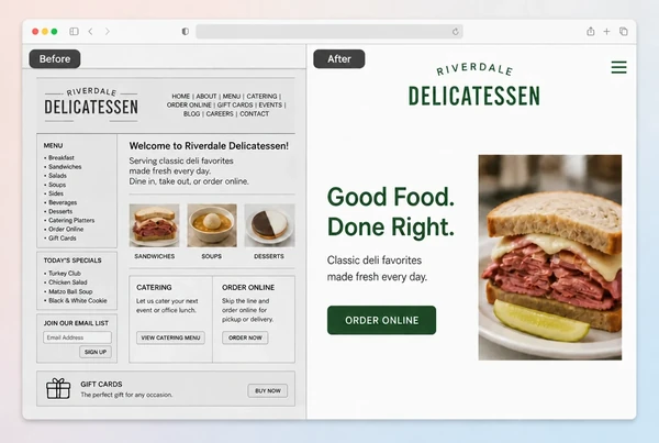 An old delicatessen home page beside its rebuilt version, labelled before and after