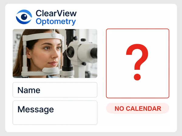 ClearView Optometry's booking page has Name and Message fields but no calendar.