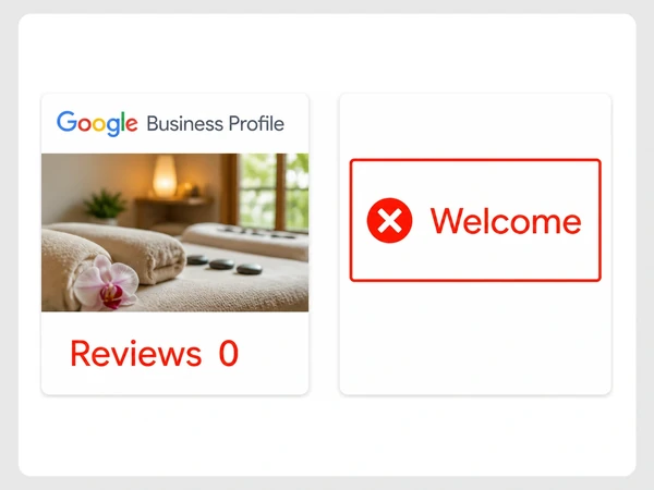 Willow Stone Day Spa shows zero Google Business Profile reviews beside a website screen containing only Welcome.