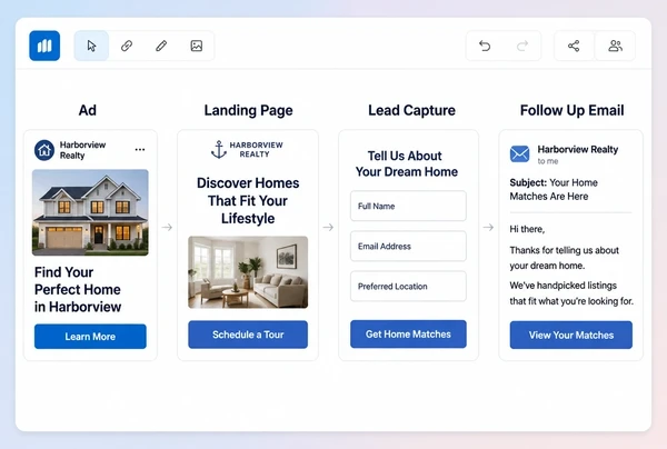 A four step real estate campaign path from advert to page to form to follow up email