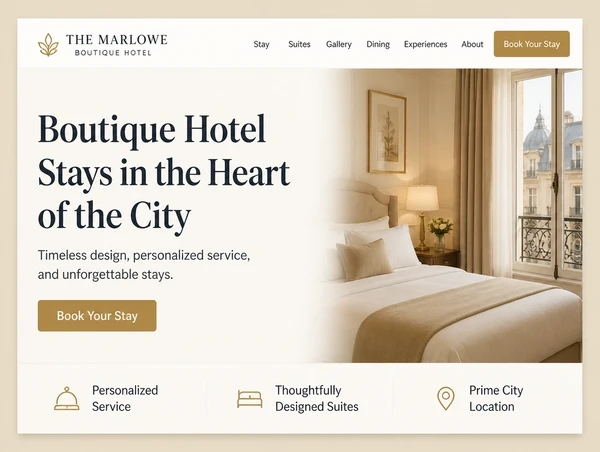 The top of a boutique hotel home page with a clear headline, one photograph and one button