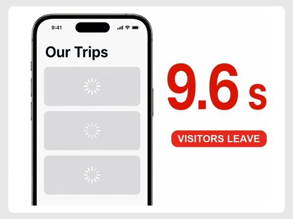 Wayfarer Journeys' phone gallery remains gray with loading spinners after 9.6 seconds.