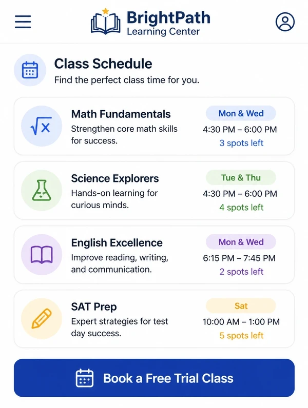 A tuition centre website on a phone with class schedules and a trial booking button