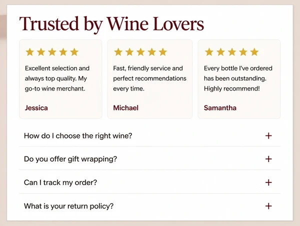 A wine merchant website section showing three customer reviews above a list of four questions