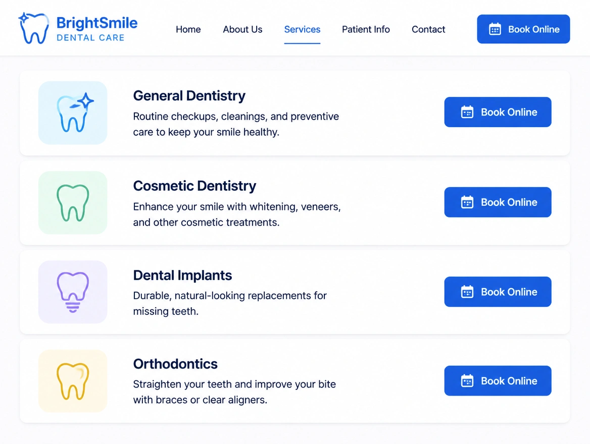 A dental clinic website with a treatment list and an online booking button