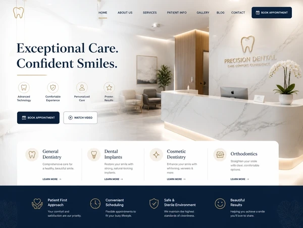Dental clinic website homepage with a book appointment button