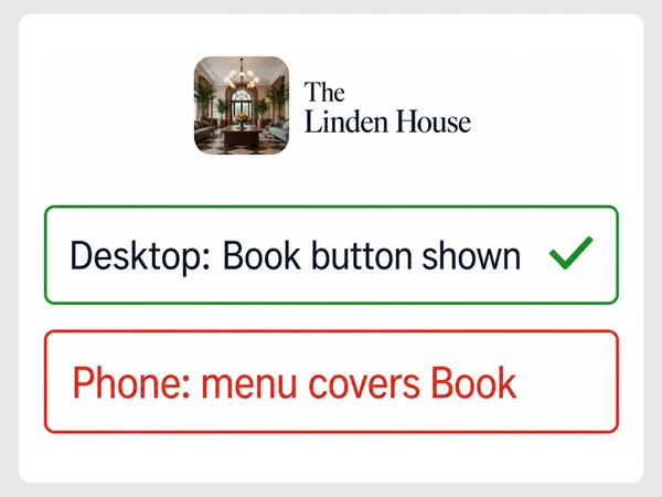 The Linden House phone report shows its menu covering the Book button while desktop passes.