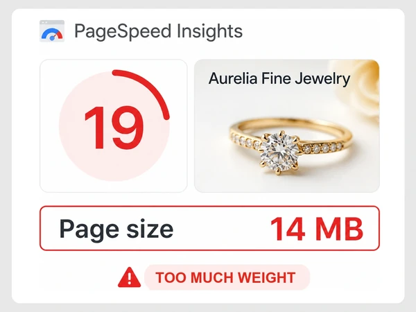 Aurelia Fine Jewelry has a PageSpeed Insights score of 19 and a 14 MB page.