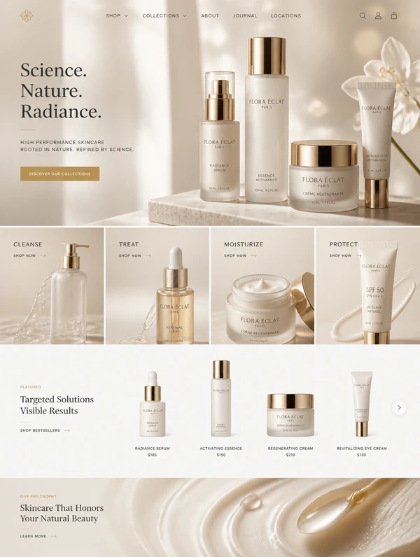 Luxury skincare brand website with product collections