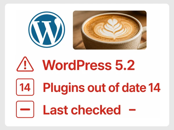 Ember & Oak Roasters WordPress screen shows version 5.2, 14 outdated plugins, and no last check.