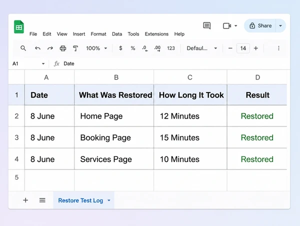 A Google Sheets restore test log for a day spa website with three dated successful tests