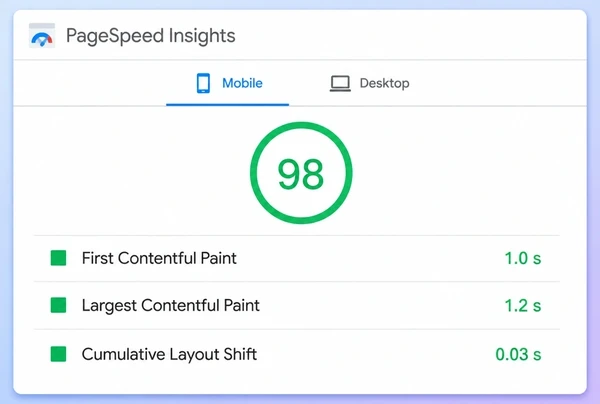 A PageSpeed Insights mobile report for a fine dining restaurant page with a green score and three timings