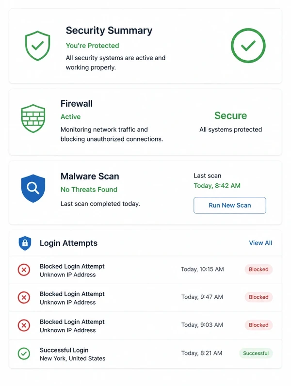 Security summary showing a clean scan, an active firewall and blocked login attempts