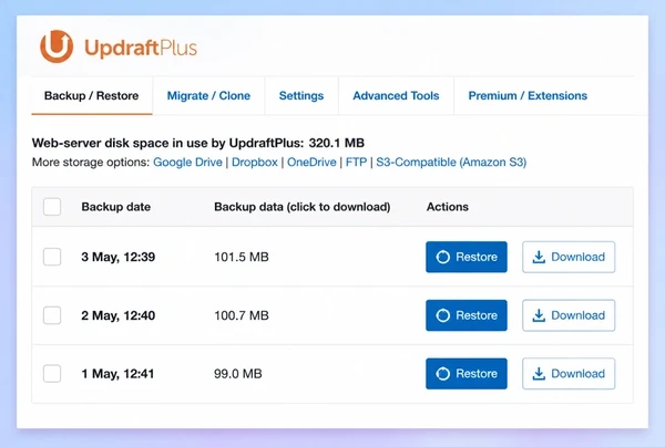An UpdraftPlus screen for a physiotherapy practice website listing three dated backups with restore buttons