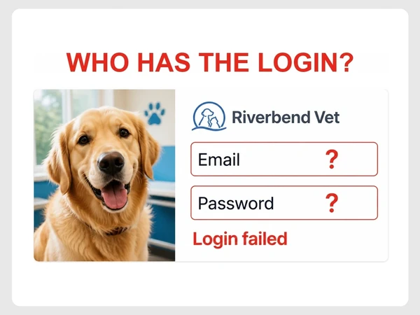 Riverbend Vet hosting login shows red question marks for Email and Password above Login failed.