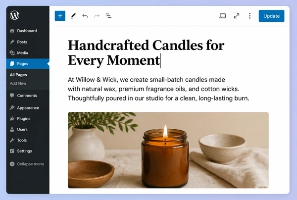 A WordPress editor open on a candle maker page with a heading, a paragraph and an image block