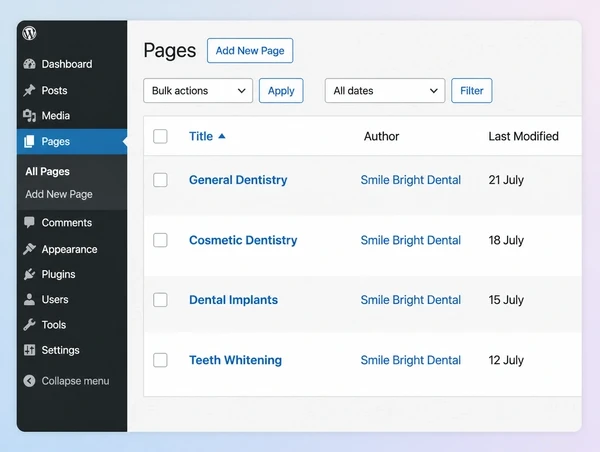 A WordPress pages list for a dental practice website showing four pages and when each was last updated