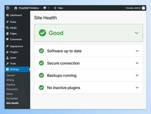 A WordPress site health screen for a podiatry practice website showing a good status and four ticks