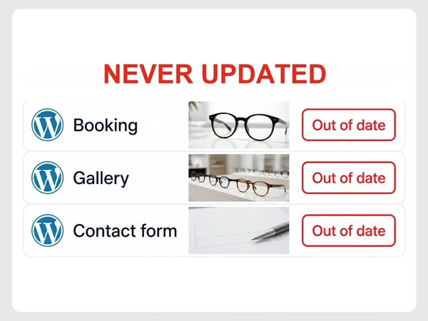 Frame & Lens' WordPress list marks Booking, Gallery, and Contact form plugins as out of date.