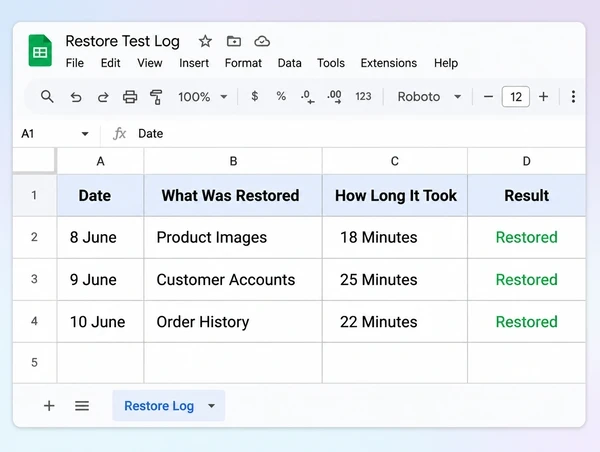 A Google Sheets restore test log for a luxury watches website with three dated successful tests