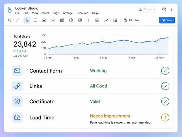 A Looker Studio monthly check report for an eyewear brand website with four rows and one amber flag