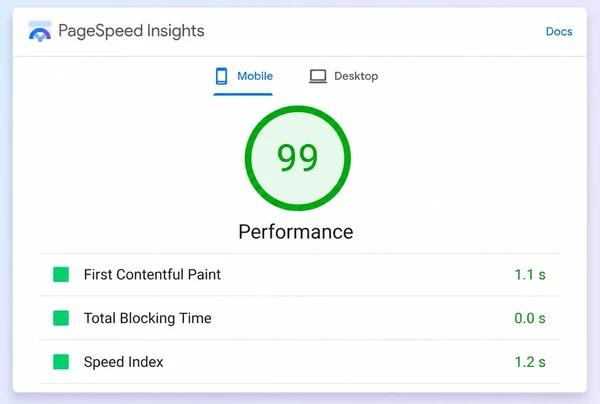 A PageSpeed Insights mobile report for a jewellery boutique page with a green score and three timings