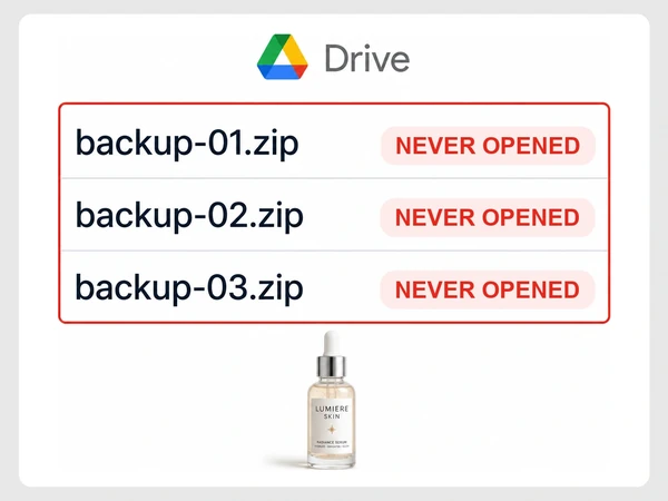 Lumiere Skin's cloud folder shows three backup files, each labeled Never opened.