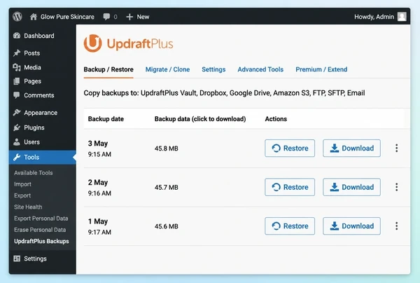 An UpdraftPlus screen for a skincare brand website listing three dated backups with restore buttons